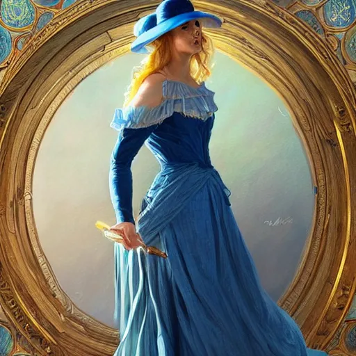 Image similar to full figure ultra realistic illustration, evan rachel wood wearing a maiden blue dress, blonde flowy hair, old west, intricate, elegant, highly detailed, digital painting, artstation, concept art, smooth, sharp focus, illustration, art by artgerm and greg rutkowski and alphonse mucha