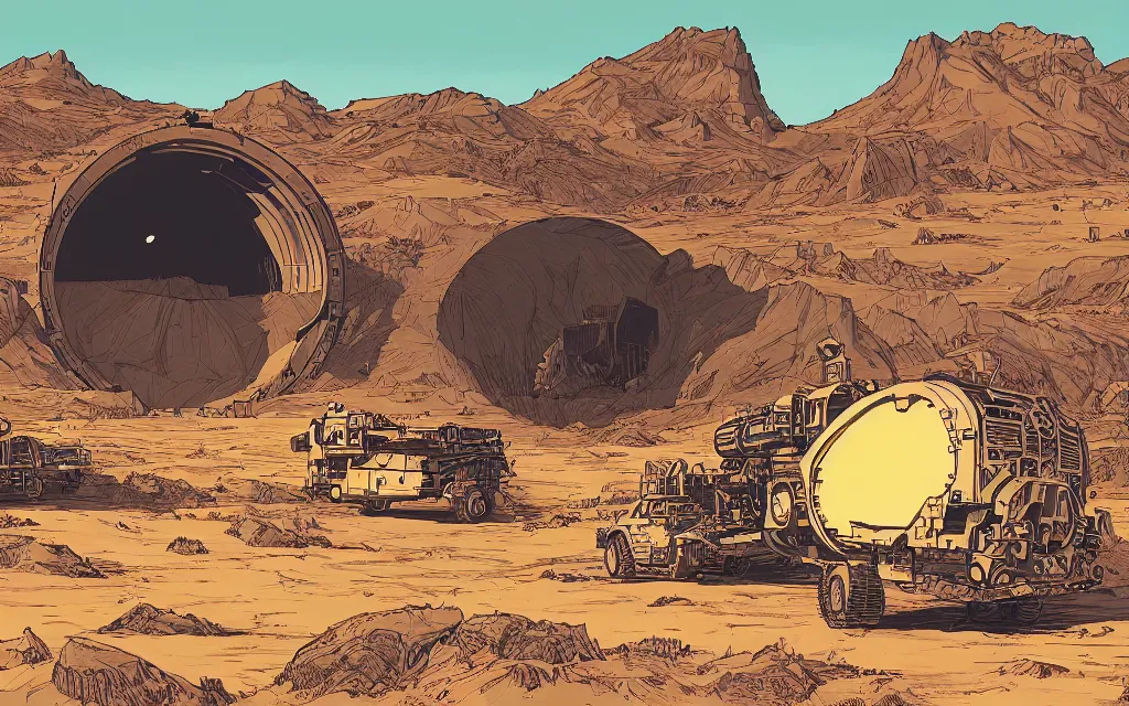 Image similar to very detailed, prophet graphic novel, ilya kuvshinov, mcbess, rutkowski, simon roy, illustration of a 2 5 tonne nuclear blast door on a desert planet, wide shot, colorful, deep shadows, astrophotography