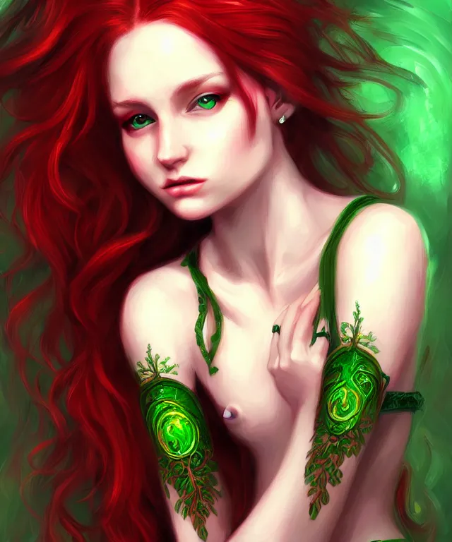 Image similar to Fae teenage girl, portrait, face, long red hair, green highlights, fantasy, intricate, elegant, highly detailed, digital painting, concept art, sharp focus