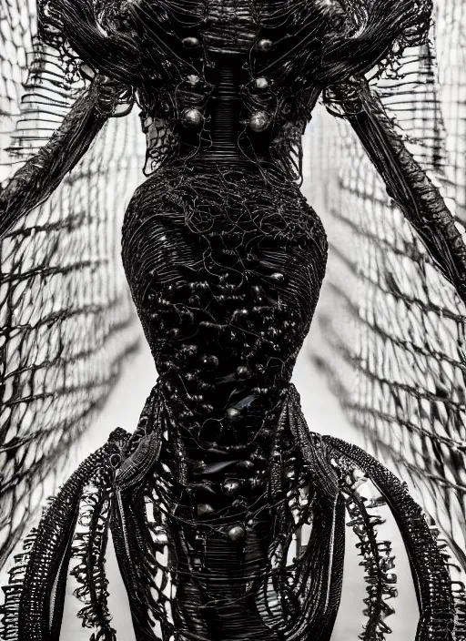 Image similar to walking down the catwalk, steven klein, show, stage, vogue photo, podium, fashion show photo, historical baroque dress dark, iris van herpen, beautiful woman, full body shot, masterpiece, intricate, wires, veins, jellyfishs, biopunk, guyver, highly detailed