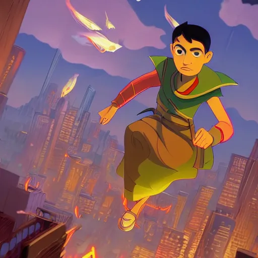 Image similar to a City on fire, money flying through the skies, professional cartoon illustration, trending on artstation, illustrated by Michael Dante DiMartino and Bryan Konietzko, with Aaron Ehas