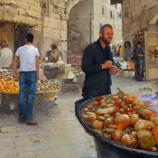 Prompt: man at a marketplace in ancient jerusalem, hyper realistic, by conrad roset and ruan jia and michael garmash and james gurney and bussiere. standing and looking at a large pot of cholent.