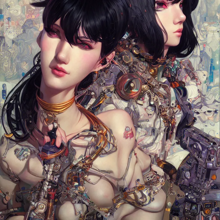 Prompt: portrait of beautiful bimbo, cyberpunk, Warhammer, highly detailed, artstation, illustration, art by Gustav Klimt and Range Murata and Ilya Kuvshinov and Sakimichan