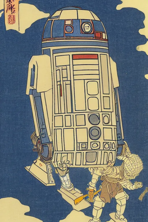 Image similar to Japanese woodblock print of r2d2, hokusai