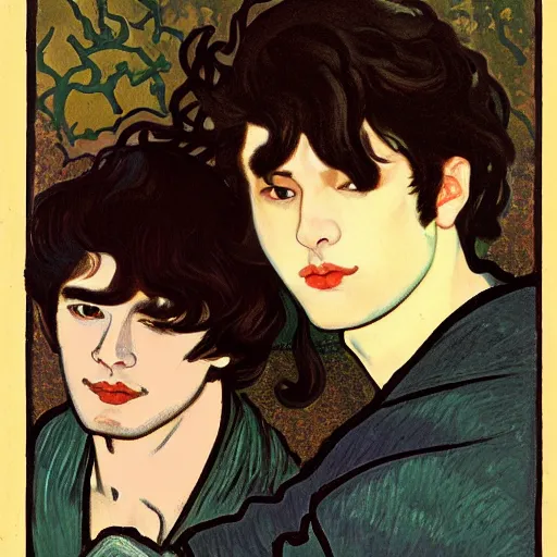 Image similar to painting of young cute handsome beautiful dark medium wavy hair man in his 2 0 s named shadow taehyung and cute handsome beautiful min - jun together at the halloween party, bubbling cauldron, candles, smoke, tarot, autumn colors, elegant, stylized, soft facial features, delicate facial features, art by alphonse mucha, vincent van gogh, egon schiele