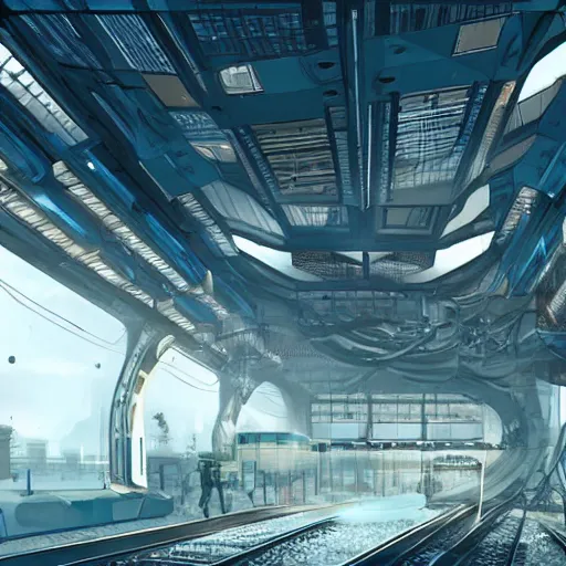 Prompt: Immense industrial futuristic train arrives at cyber punk city station, cinematic lighting, concept art