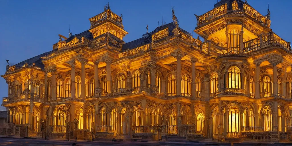 Image similar to extremely detailed ornate stunning sophisticated beautiful elegant victorian museum exterior by Henry Young Darracott Scott and Francis Fowke, stunning volumetric light, stainless steal, concrete, translucent material, beautiful sunset, tail lights