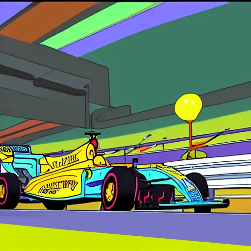 Image similar to formula 1 race, rick and Morty style