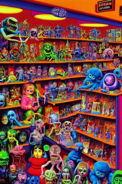 Prompt: a hyperrealistic painting of a toy store full of evil possessed toys retail horror, cinematic horror by chris cunningham, lisa frank, richard corben, highly detailed, vivid color,