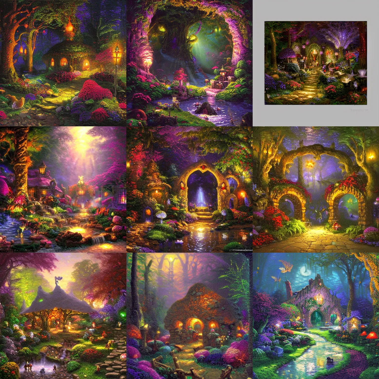 Prompt: dark grotto with photoluminescent mushrooms, painting by thomas kinkade