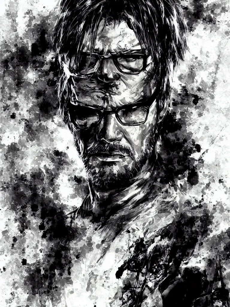 Prompt: “A centered portrait painting of hideo kojima by yoji shinkawa, trending on art station, metal gear solid”