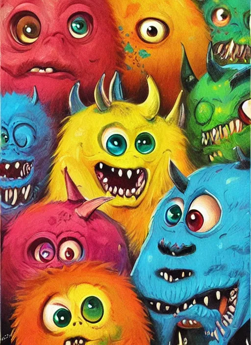 Image similar to cute monsters, colorful, digital art, fantasy, magic, trending on artstation, ultra detailed, professional illustration,chalk, poster artwork by Basil Gogos , clean