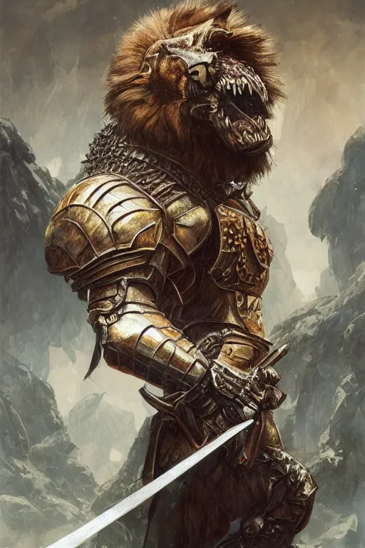 Image similar to ultra realistic illustration,, a hulking knight with a lion cowl, bristling with weapons from doom and warhammer, intricate, elegant, highly detailed, digital painting, artstation, concept art, smooth, sharp focus, illustration, art by artgerm and greg rutkowski and alphonse mucha