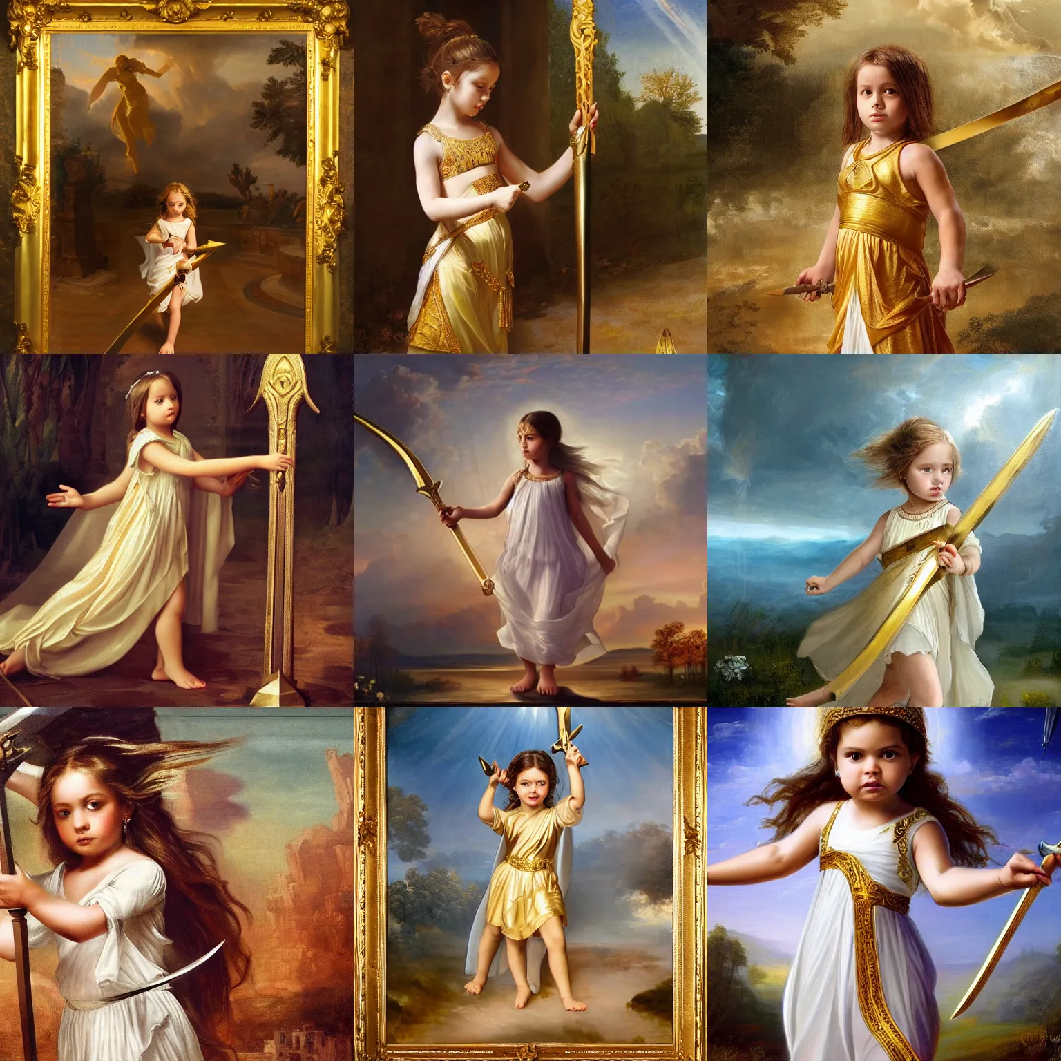 Prompt: a barefoot little girl wielding a massive golden sword wearing a sheer white dress, classical painting, 4k, heavenly, divine