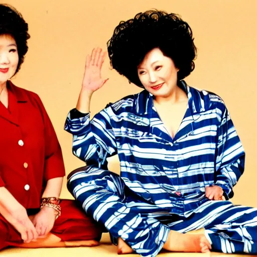 Prompt: A still from a 1980s sitcom of a plump middle-aged Chinese woman with perm coils in her hair wearing pyjamas