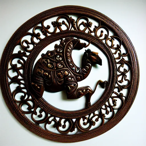 Image similar to gorgeous ornated bronze realistic detailed sacred camel wall decoration with filigree