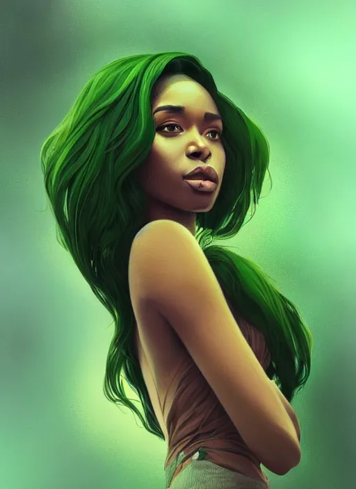 Image similar to handsome and beautiful black women with shoulder length green hair, half body shot, path traced, highly detailed, high quality, digital painting, alena aenami, lilia alvarado, shinji aramaki, karol bak, alphonse mucha, tom bagshaw