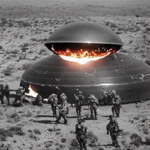 Image similar to army troops surround shiny metallic ufo flying saucer with transparent dome crashed in the desert, smoking and burning in flames