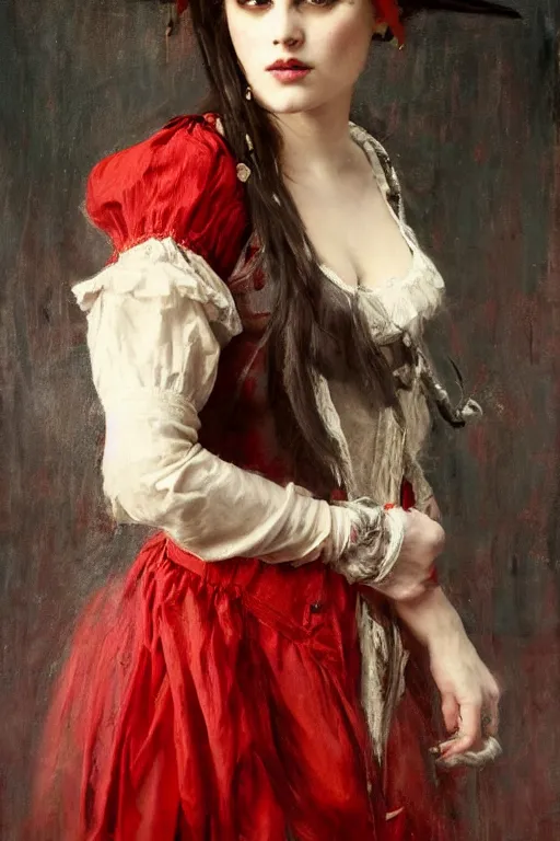 Image similar to Solomon Joseph Solomon and Richard Schmid and Jeremy Lipking victorian genre painting full length portrait painting of a young beautiful woman traditional german french fashion model pirate wench in fantasy costume, red background