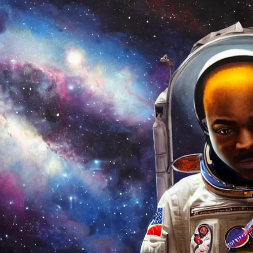 Image similar to a portrait of an african astronaut in the space with nebulae, realistic painting, high definition, digital art, matte painting, very detailed, realistic