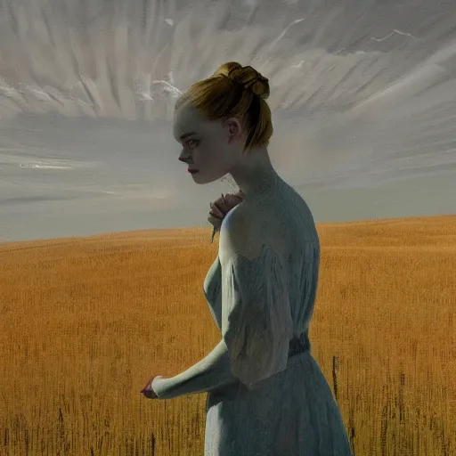 Prompt: Elle Fanning in the painted world of Ghostface, head and shoulders masterpiece, apocalypse, golden hour, cosmic horror, artstation, in the style of Andrew Wyeth and Edward Hopper and Bosch, extremely detailed