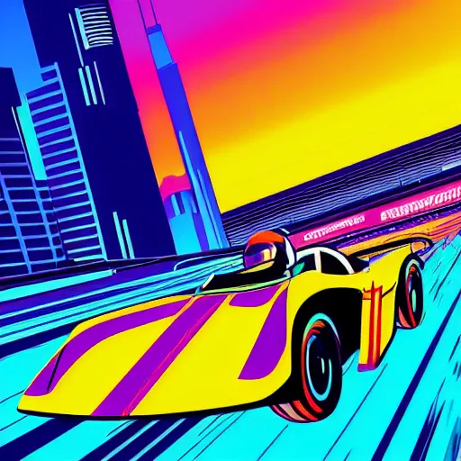 Image similar to speed racer in outrun style, dreamwave, synthwave, 1980s