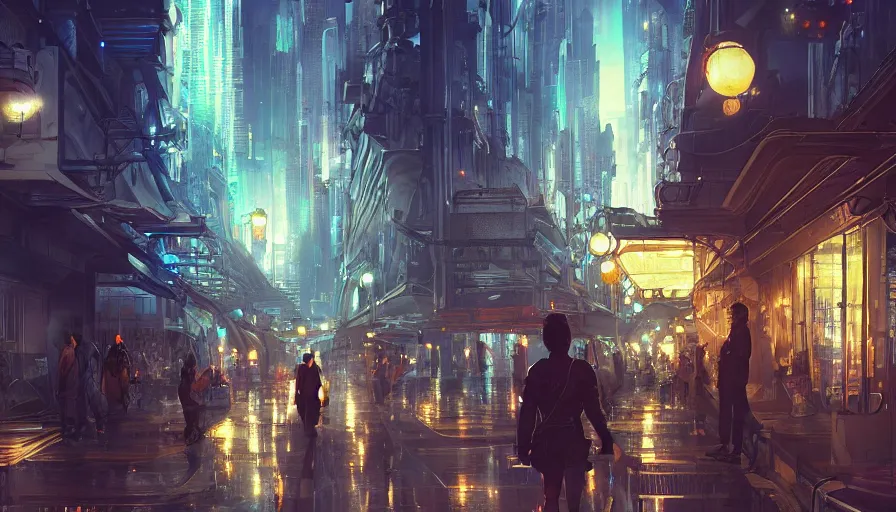 Image similar to sci - fi city night, beautiful lit lamps, 8 k highly detailed art, intricate, stanley lau, artgerm, artstation, smooth, far shot, wlop, alphonse mucha, cinematic shot, cinematic lighting