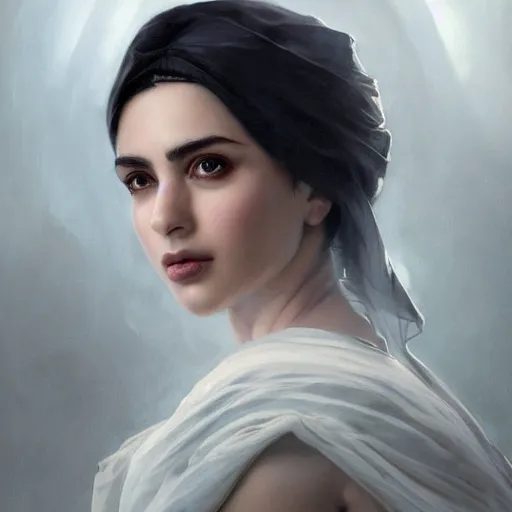 Prompt: a Photorealistic dramatic hyperrealistic ameera al taweel, blue eyes, black hair, white veil,by WLOP,Artgerm,Greg Rutkowski,Alphonse Mucha, Beautiful dynamic dramatic dark moody lighting,shadows,cinematic atmosphere,Artstation,concept design art,Octane render,8K