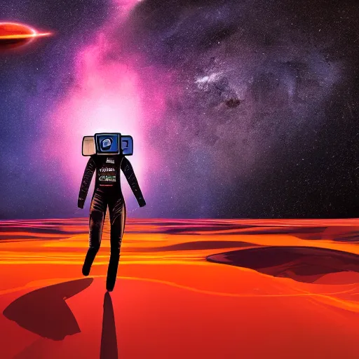 Image similar to A wide angle shot from below of a female astronaut with a feminine body walking with swagger towards camera on mars in an infinite universe , synthwave digital art