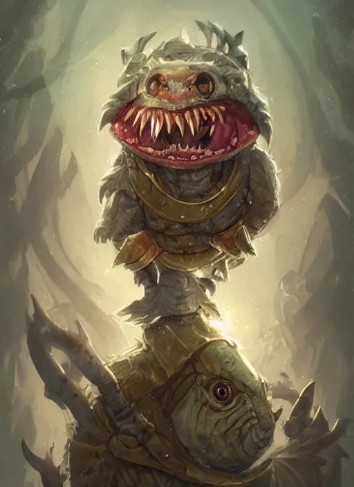 Image similar to cute little anthropomorphic piranha disturber wearing Karrus's shroud, tiny, small, miniature animal, baby animal, short, pale black armor, cute and adorable, pretty, beautiful, DnD character art portrait, matte fantasy painting, DeviantArt Artstation, by Jason Felix by Steve Argyle by Tyler Jacobson by Peter Mohrbacher, cinematic lighting