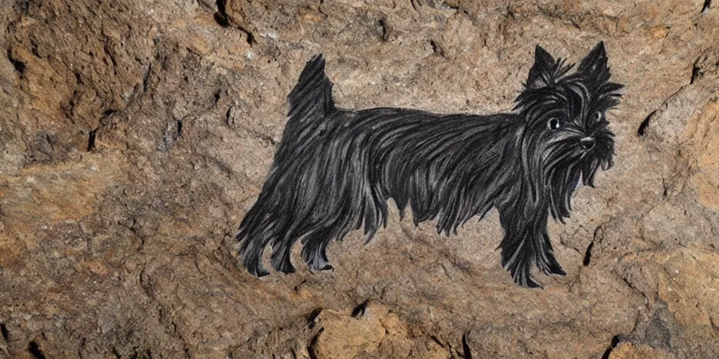 Prompt: A Yorkshire Terrier roughly sketched on the wall of a cave, a petrogliph, stone art by Pueblan peoples, stone art