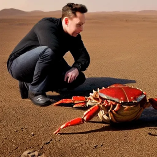 Image similar to “Elon musk eating crabs from a large bucket, on Mars”