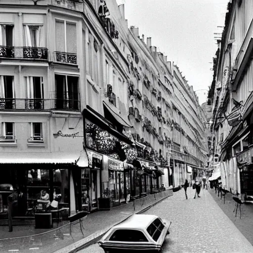 Prompt: une rue de paris vide avec des voitures garees, un restaurant avec une terrasse, des boutiques avec des neons, en debut de matinee, en 1 9 7 0
