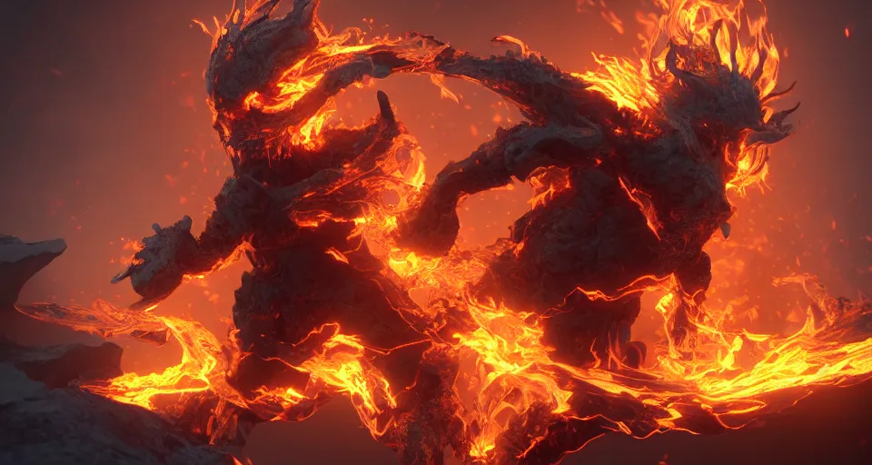 Prompt: fire wielding elemental being, character concept, hyper detailed, fractal, ray tracing, 4 k