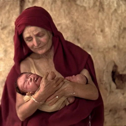 Prompt: film still of 80 year old sentimental Mediterranean skinned woman in ancient Canaanite clothing holding a newborn baby, crying, awe, love, ancient interior tent background, Biblical epic movie,