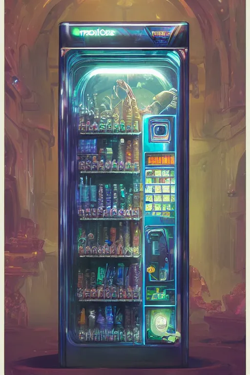 Prompt: futuristic vending machine with magic potions inside, highly detailed, 8k, rim lighting, digital painting, artstation , concept art, sharp focus, illustration, art by greg rutkowski and alphonse mucha