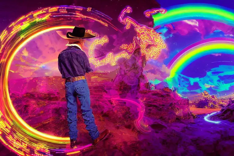 Image similar to an old western cowboy stumbles apon a portal to another dimension, psychedelic, flashwave, synthwave, dreamy, animecore, glowwave, glitch core, laborwave, hyperpop, raver, rainbowcore, lisa frank, trailwave, glowing, detailed image, digital art, 8k,