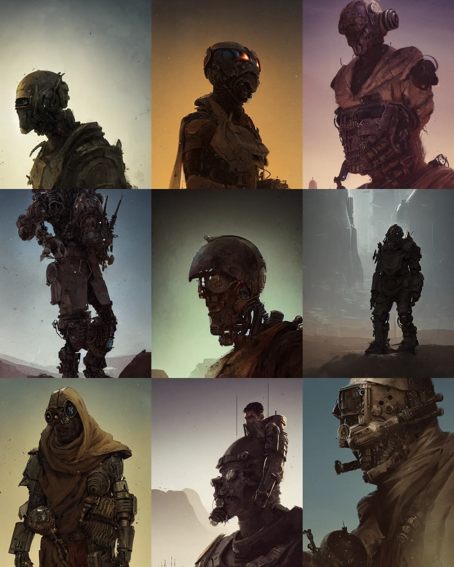 Prompt: a cloaked rugged mercenary man with lost in the desert, scifi character portrait by greg rutkowski, esuthio, craig mullins, fullbody portrait, cinematic lighting, dystopian scifi gear, gloomy, profile picture, mechanical, half robot, implants, steampunk