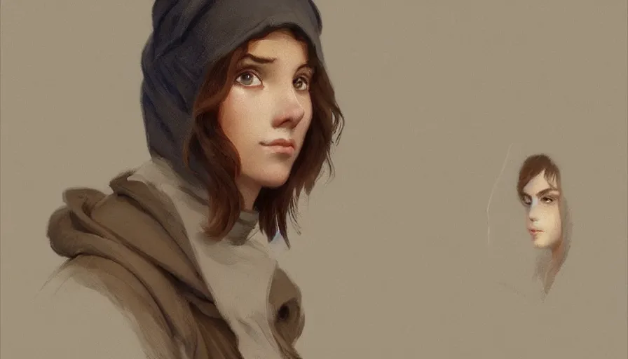 Image similar to shy, short brown hair singlearab spanish young woman, beige hoodie, by caspar david friedrich by james gilleard and justin gerard, artstation, smooth, sharp focus, by jean baptiste, octane render