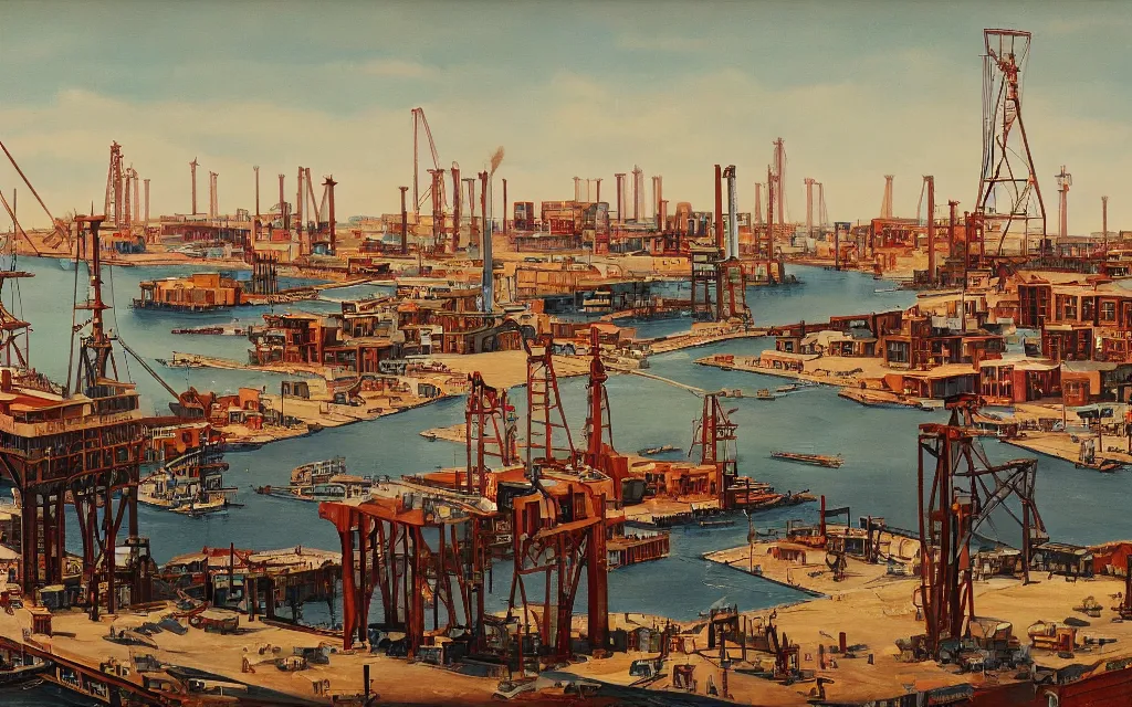 Prompt: A painting of An American shipbuilding town in the 1920s. 4K HD Wallpaper. Premium Prints Available