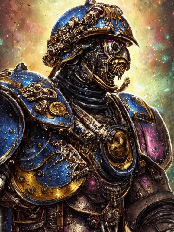 Prompt: portrait art of 8k ultra realistic undead space marine king , ornate intricate smashed galaxy helmet , detailed intricate ornate armour,blade runner, cybernetic, full of colour, cinematic lighting, battered, trending on artstation, 4k, hyperrealistic, focused, extreme details,unreal engine 5, cinematic, masterpiece, art by ayami kojima, giger