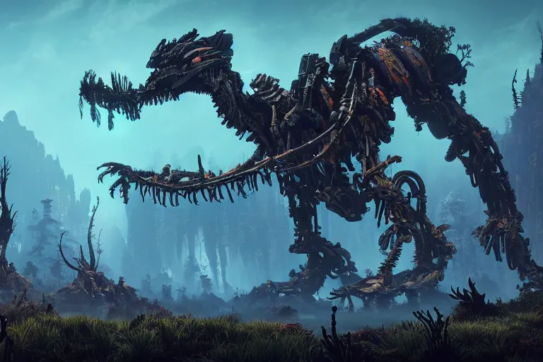 Image similar to wide epic shot from horizon forbidden west. a hyper detailed organic mechanic creatuve realistic similar look as horizon forbidden west horizon zero dawn, bioluminiscence in a dark deep forest at dawn in spring, with reflection and textures, by kilian eng, substance painter reaslitic mech surface metal painted scratches, world env from horizon forbidden west horizon zero dawn