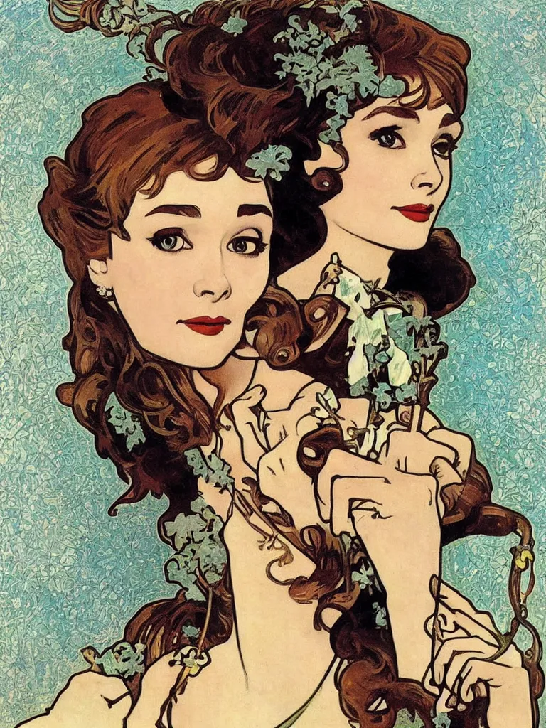 Image similar to three quarter shot audrey hepburn in breakfast at tiffany's by alphonse mucha, art nouveau