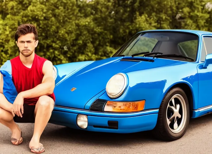 Prompt: color photo of a cool handsome photomodel in a blue suite with arms crossed arms leaning against a white porsche 9 1 1 in the 8 0's. girl beside him