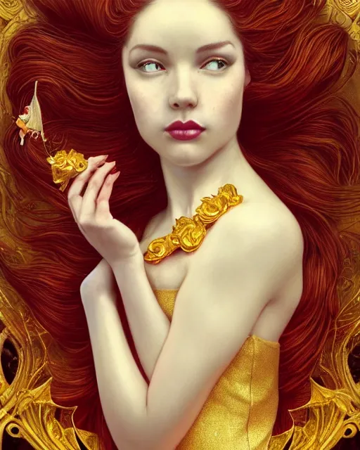 Image similar to a beautiful goldfish woman, pinup pose, long hair, tall and thin, wearing dozens of pendants and a gown of gold, small delicate crown of the sea on her head, illustration, symmetry accurate features, volumetric light clouds, ultra realist soft painting, (art nouveau), octane render, 8k, HD, by Tom Bagshaw, Brom, Charlie Bowater, faces by otto schmidt