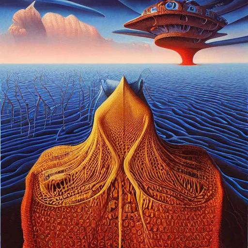 Image similar to the queen of the red sea by jacek yerka, alex gray, zdzisław beksiński, dariusz zawadzki, vladimir kush, jeffrey smith and h.r. giger, oil on canvas, 8k highly professionally detailed, trending on artstation