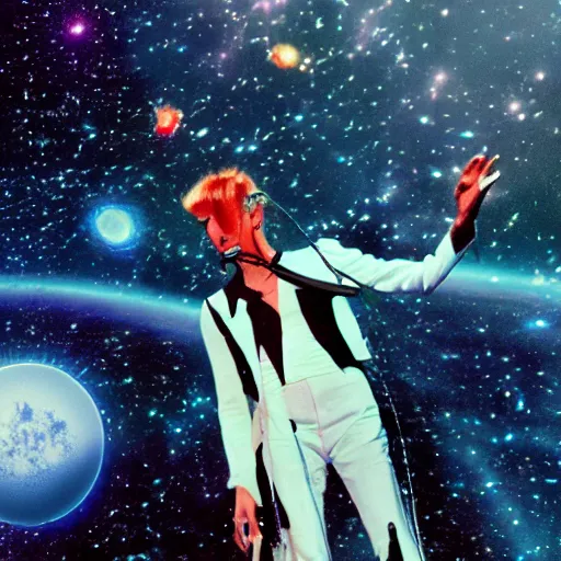 Image similar to a hyperreality concert david bowie wearing a dao yin - yang t - shirt performing on top of the spaceship in deep space, galaxies swirling around