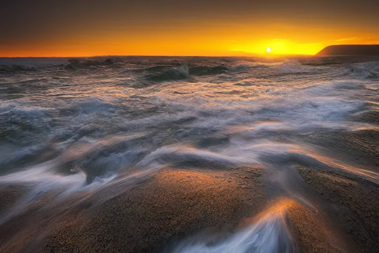 Image similar to landscape photography by marc adamus, waves in the shore, sunset, lake