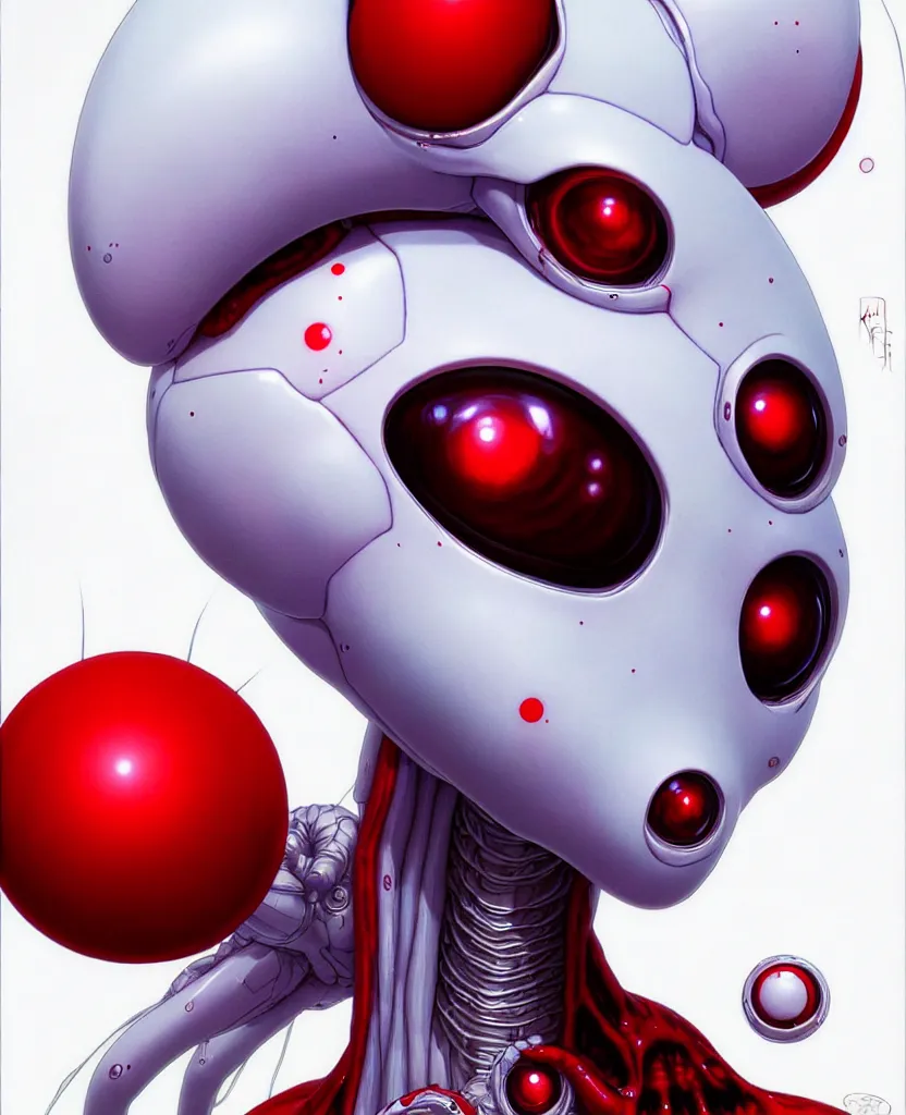 Prompt: an alien with 4 eyes and a white and red body, digital art, trending on artstation, symmetric, hyperrealistic, by yoshitaka amano, by yukito kishiro, by yoshiyuki sadamoto
