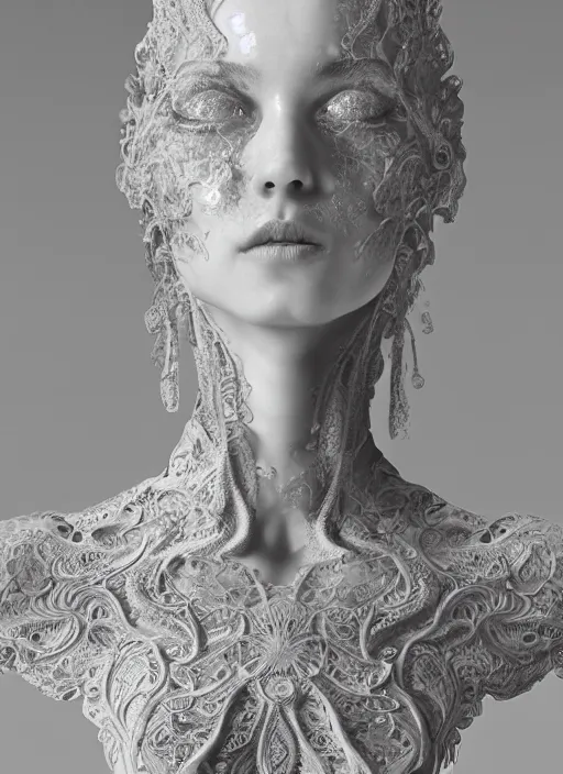 Image similar to opalescent marble sculpture of beautiful woman dissolving into shimmering dust, fractal paisley inlay, lace, intricate, elegant, highly detailed, digital photography, art by artgerm ruan jia and greg rutkowski